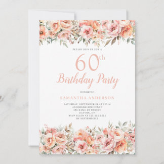Elegant Pink Peach Floral 60. Geburtstagsparty Einladung