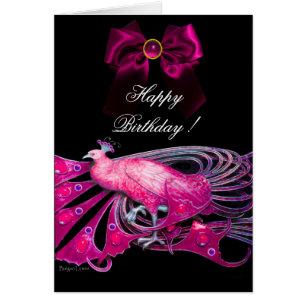 ELEGANT PINK PEACOCK, BOW, GEM STONE, Happy Birthd