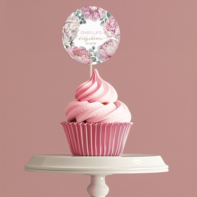 Elegant Pink Peony and Greenery Girl Baby Shower F Runder Aufkleber (Sticker favor for many uses)