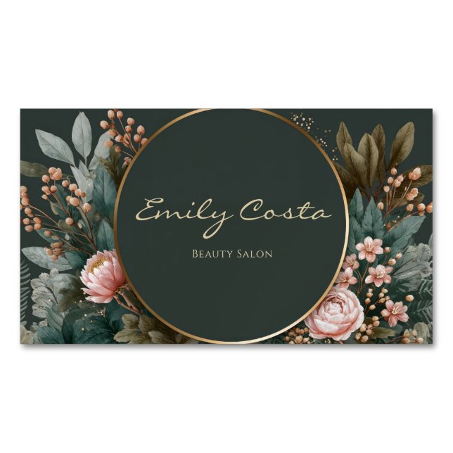 Elegant Pink Peony Botanical Dark Teal Gold Circle Magnetische Visitenkarte (Vorderseite)