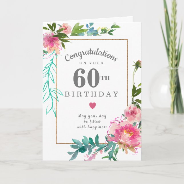 Elegant Pink Peony Floral 60. Geburtstag Karte (Vorderseite)