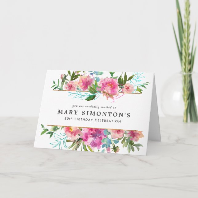 Elegant Pink Peony Floral 80. Geburtstag Einladung (Vorderseite)