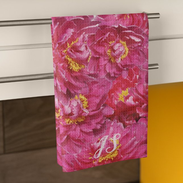 Elegant Pink Peony Stilvolle Kalligraphie Monogram Geschirrtuch (Von Creator hochgeladen)