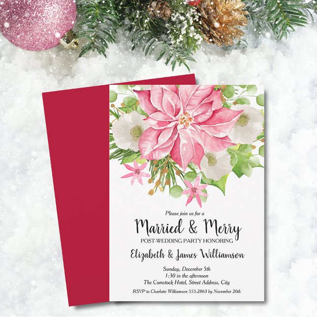 Elegant Pink Poinsettia Christmas Wedding Brunch Einladung (Elegant Pink Poinsettia Christmas Married & Merry Post-Wedding Brunch Invitations)