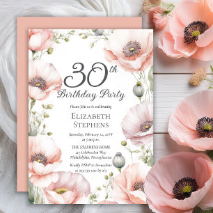 Elegant Pink Poppies Floral 30. Geburtstag Party Einladung