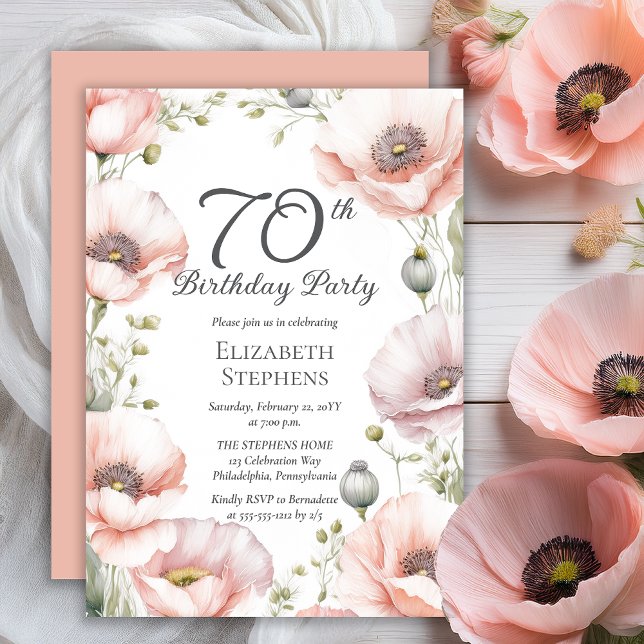 Elegant Pink Poppies Floral 70th Birthday Party Einladung (Boho Elegant Pale Pink Poppies Floral 70th Birthday Party Invitation - Print | Digital Download)