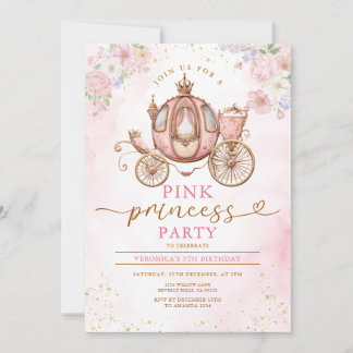 Elegant Pink Princess Birthday Carriage Flowers Einladung