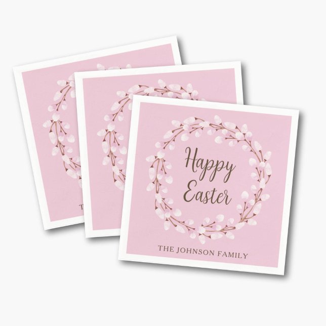 Elegant Pink Pussy Willow Happy Oaster Serviette (Elegant Pink Pussy Willow Happy Easter Napkins)