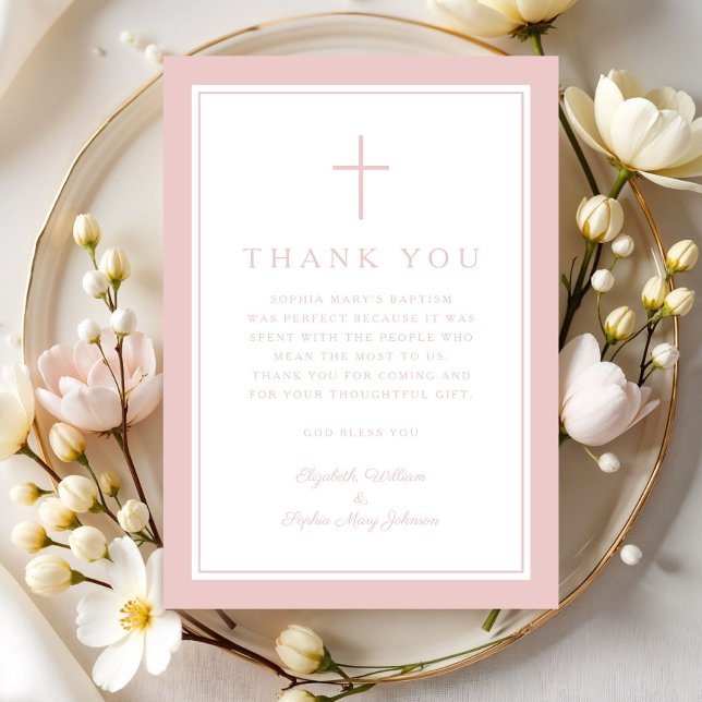 Elegant Pink Religious Cross Girl Baptism Dankeskarte (Elegant Pink Religious Cross Girl Baptism Thank You Card)