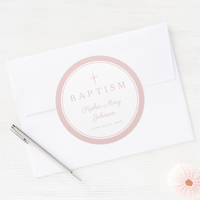 Elegant Pink Religious Cross Girl Baptism  Runder Aufkleber (Umschlag)