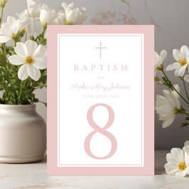 Elegant Pink Religious Cross Girl Baptism Tischnummer