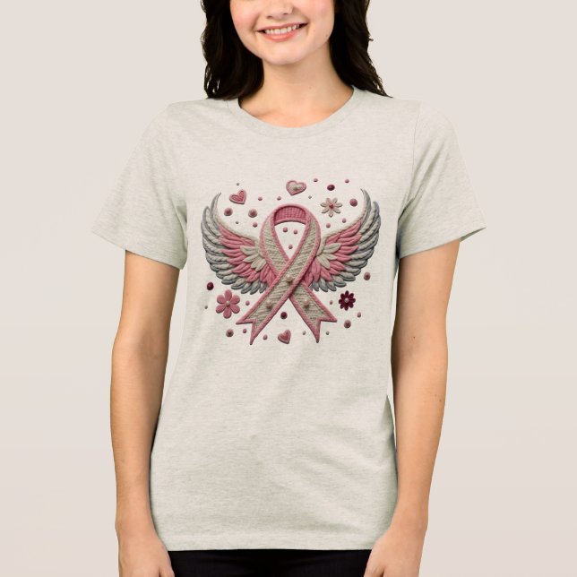 Elegant Pink Ribbon with Angel Wings Embroidery  Tri-Blend Shirt (Vorderseite)