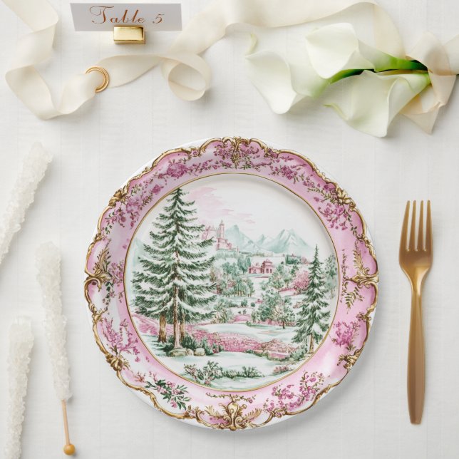 Elegant Pink Rococo Holiday Dining  Pappteller (Hochzeit)