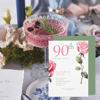 Elegant Pink Rose 90. Geburtstagsparty II Einladung