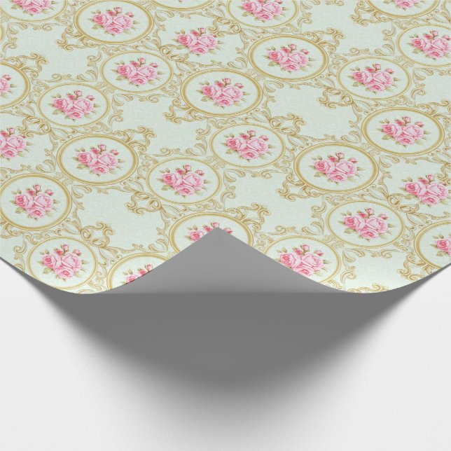 Elegant Pink Rose and Gold Baroque Frame Geschenkpapier (Ecke)