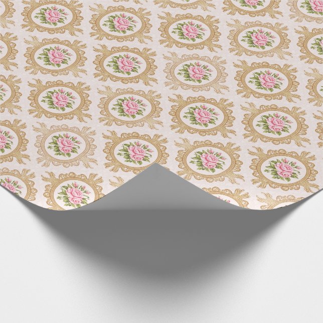 Elegant Pink Rose and Gold Baroque Frame Geschenkpapier (Ecke)
