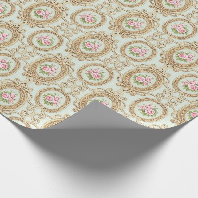 Elegant Pink Rose and Gold Baroque Frame Geschenkpapier (Ecke)