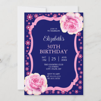 Elegant Pink Rose Blütenblau 30. Geburtstag Einladung