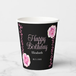 Elegant Pink Rose Floral Black Danke Pappbecher