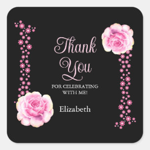 Elegant Pink Rose Floral Black Danke Quadratischer Aufkleber