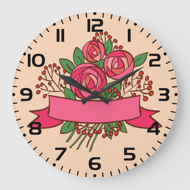 Elegant Pink Rose Floral Bouquet Große Wanduhr (Vorderseite)