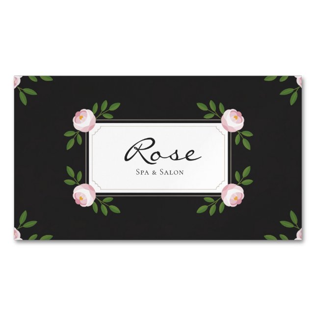 Elegant Pink Rose Floral on Black Magnetische Visitenkarte (Vorderseite)