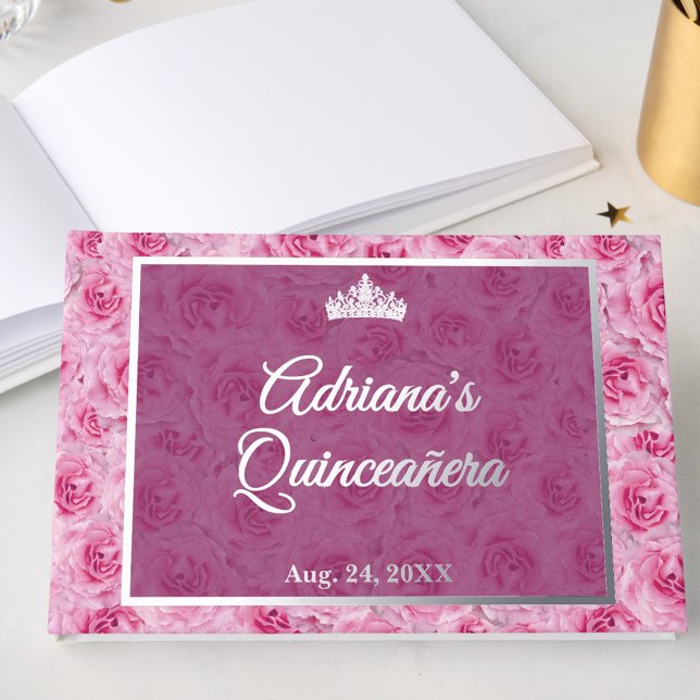 Elegant Pink Rose Floral Quinceanera Silver Gästebuch (Von Creator hochgeladen)
