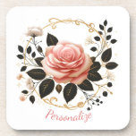 Elegant Pink Rose & Gold Floral Art Personanalize Getränkeuntersetzer<br><div class="desc">This personalized beverage coaster showcases a stunning illustration of a soft pink rose surrounded by black leaves with gold veining, delicate white blossoms, and graceful golden vines forming a decorative circular frame. The luxurious floral artwork brings a romantic, feminine touch to any table setting. Printed on a beverage coaster, this...</div>