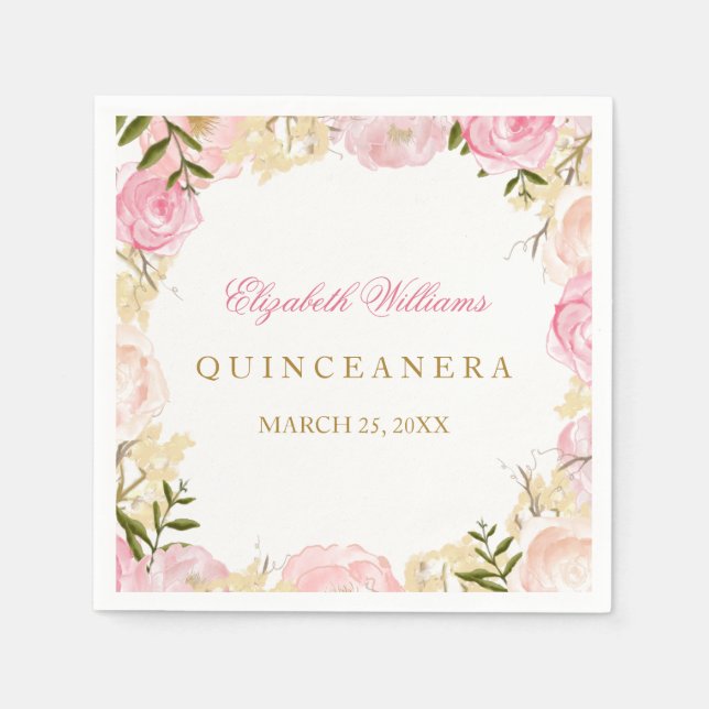 Elegant Pink Rose Quinceanera Napkin Serviette (Vorderseite)