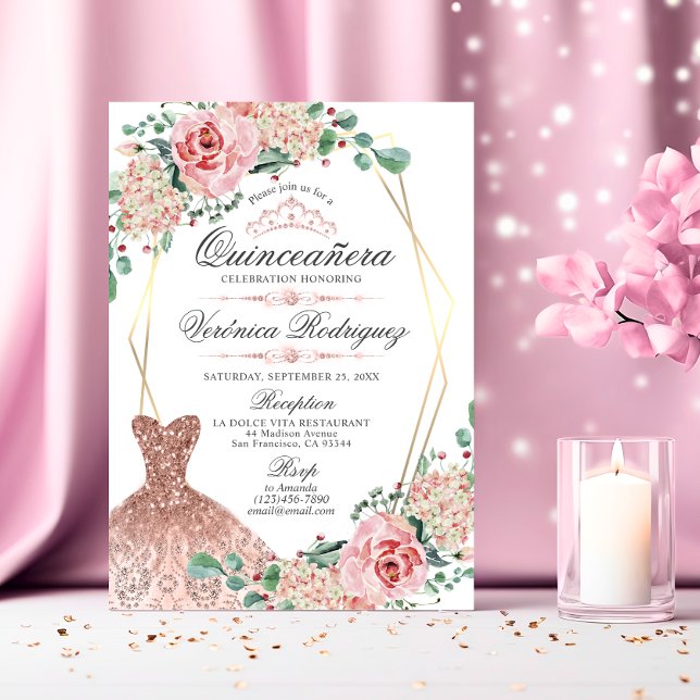 Elegant Pink Rose Quinceañera Quince Crown Tiara Einladung (Elegant Pink Rose Quinceañera Quince Crown Tiara Invitation)