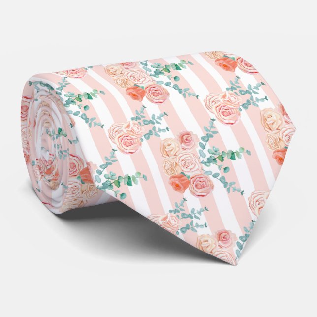 Elegant Pink Rose und Eucalyptus Necktie Krawatte (Gerollt)