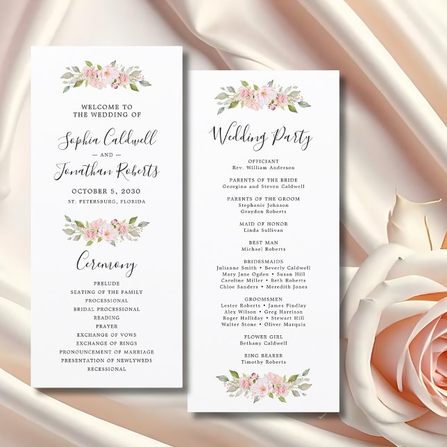 Elegant Pink Roses Calligraphy Wedding Programm (Elegant Pink Roses Custom Wedding Program)