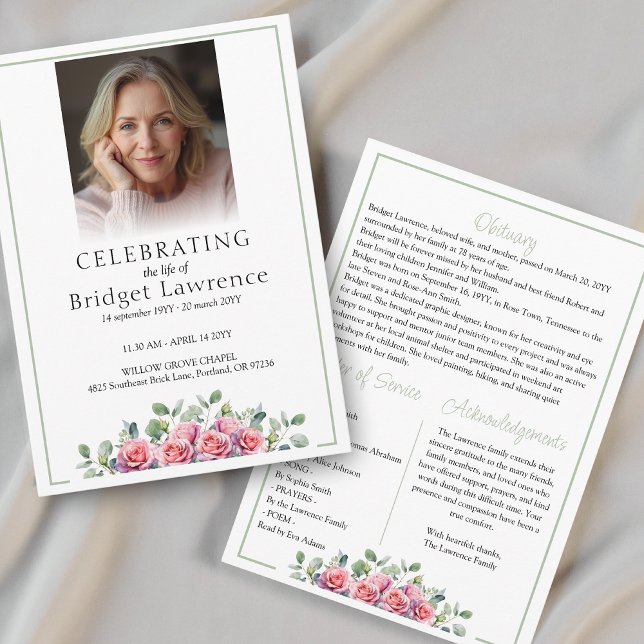 Elegant Pink Roses Celebrating Life Of - Funeral Programm (Von Creator hochgeladen)