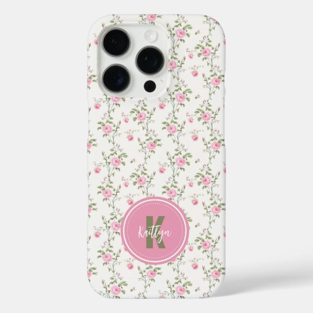 Elegant Pink Roses Flowers Pattern Monogram Case-Mate iPhone Hülle (Rückseite)
