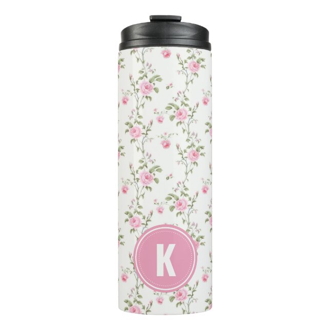 Elegant Pink Roses Flowers Pattern Monogram Thermosbecher (Vorderseite)