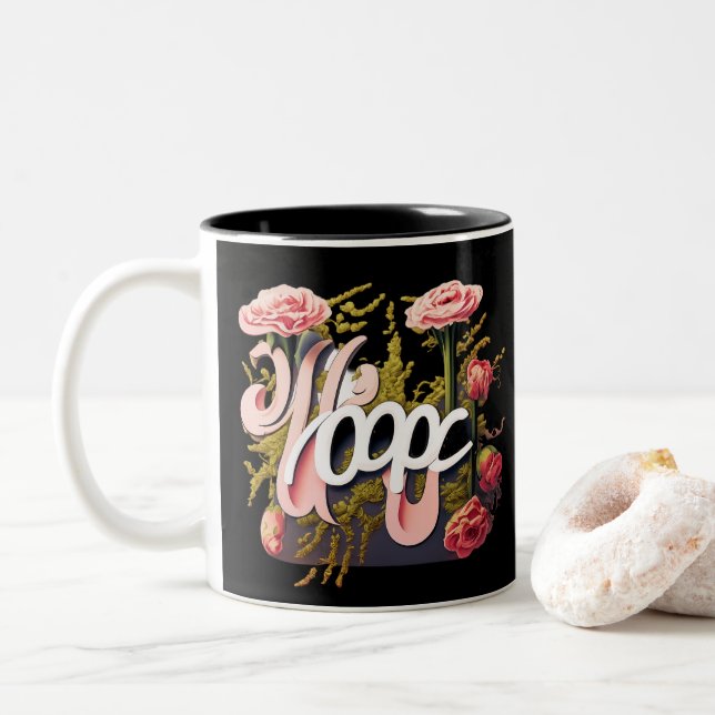 Elegant Pink Roses Hope Typography Zweifarbige Tasse (Mit Donut)