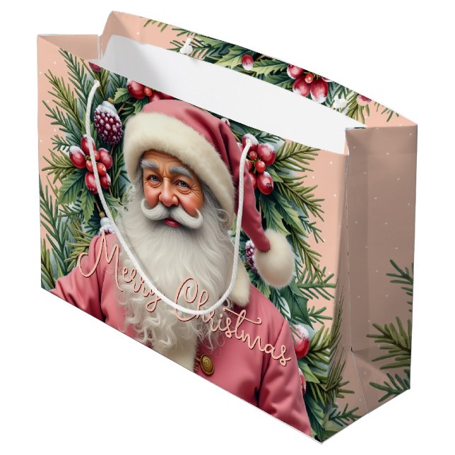 Elegant Pink Santa Große Geschenktüte (Rückseite Schrägansicht)