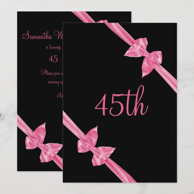 Elegant Pink Satin Bows 45. Geburtstag Einladung (Vorne/Hinten)