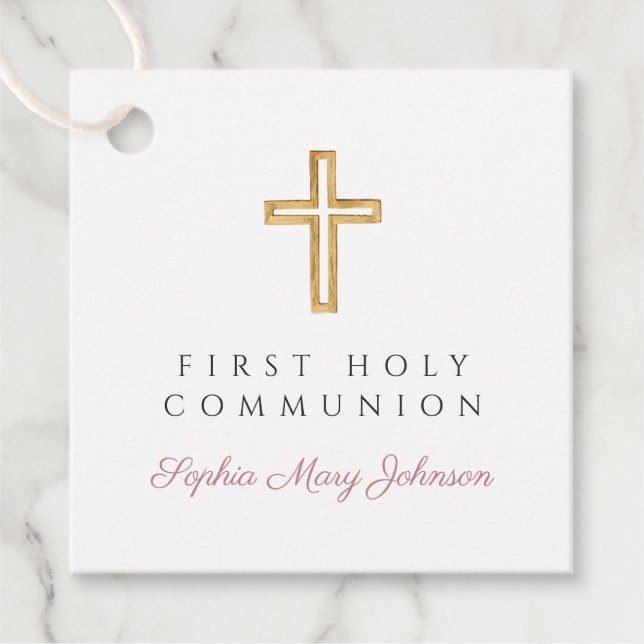 Elegant Pink Script Cross Girl First Communion Geschenkanhänger (Vorderseite)