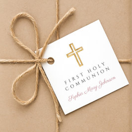 Elegant Pink Script Cross Girl First Communion Geschenkanhänger