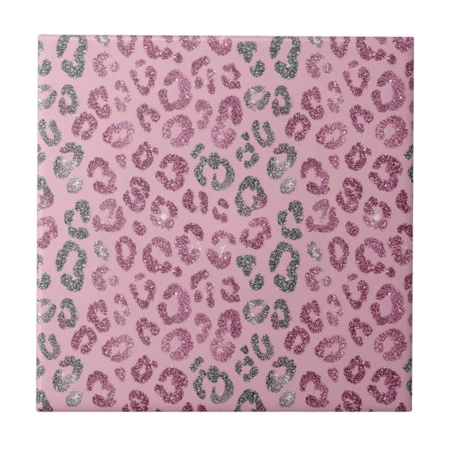 Elegant Pink Silver Glitter Leopard on Rose Gold Fliese (Vorderseite)