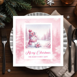 Elegant Pink Snowman Family Gift Winter Scene Xmas Serviette