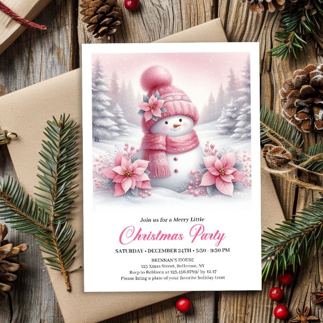 Elegant Pink Snowman Kids Christmas Invite Digital Einladung (Elegant Pink Snowman Kids Christmas Invite Digital Design)