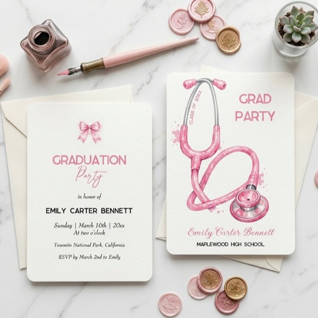 Elegant Pink Stethoscope Nurse Doctor Graduation Einladung (Von Creator hochgeladen)