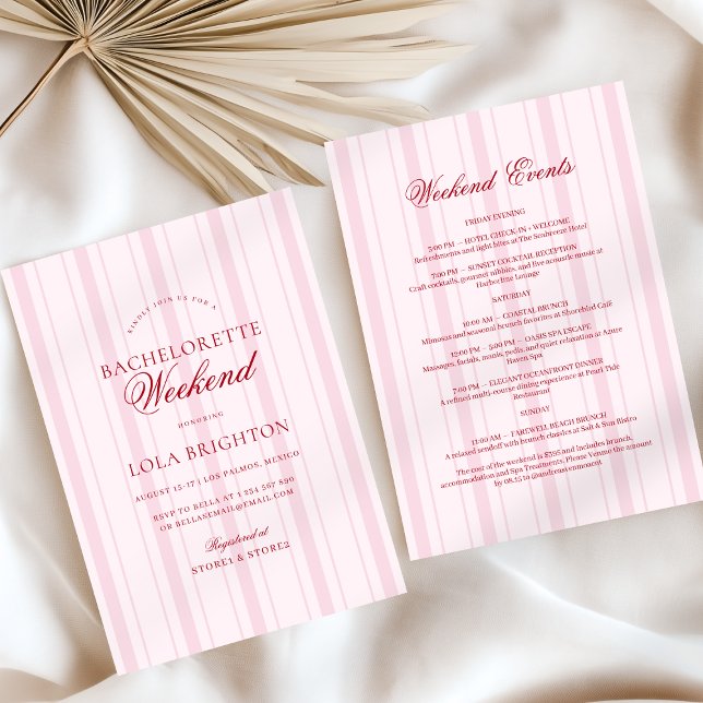 Elegant Pink Stripe Bachelorette Weekend Itinerary Einladung (Von Creator hochgeladen)