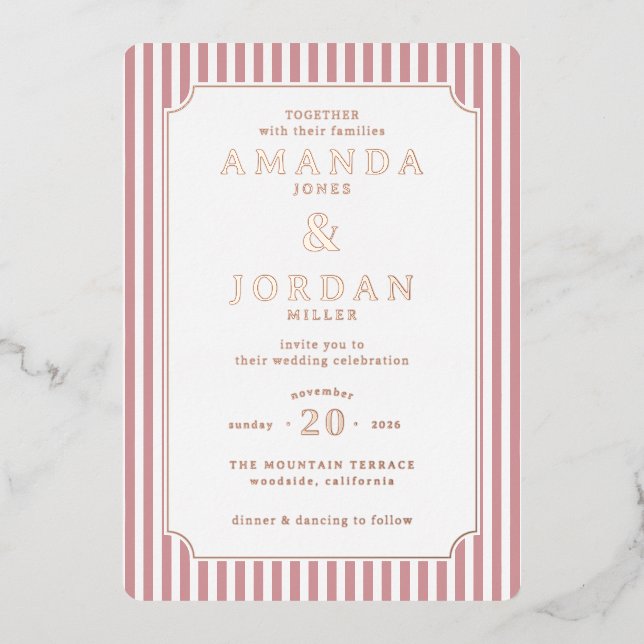 Elegant Pink Striped Wedding Invitation Folieneinladung (Vorderseite)