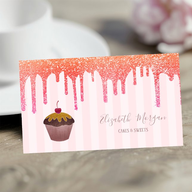 Elegant Pink Stripes Drips Cupcake Cherry Visitenkarte (Von Creator hochgeladen)