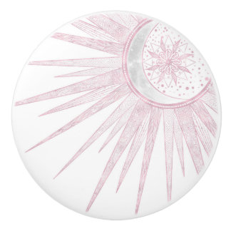 Elegant Pink Sun Moon Doodle Mandala White Design Keramikknauf