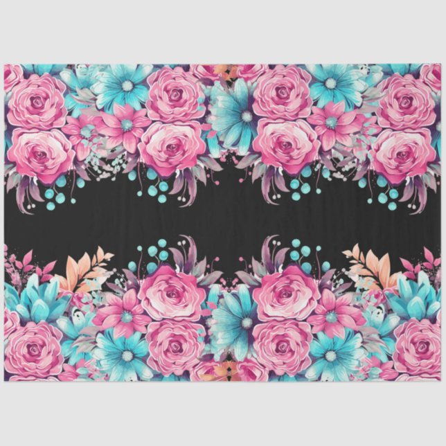 Elegant Pink & Teal Watercolor Floral Borders Seidenpapier (Vorderseite)