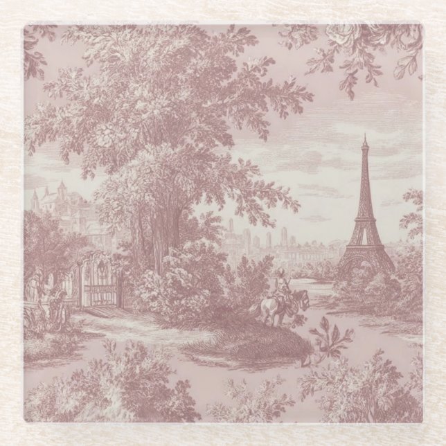 Elegant Pink Toile de Jouy Französisch Country Sze Glasuntersetzer (Vorderseite)